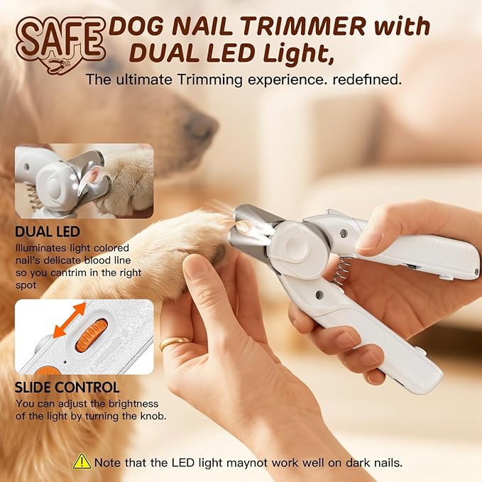 Dual-LED Pet Nail Clippers with Stepless Brightness Adjustment, Side Lock & Retractable File, Anti-Slip Handles for Dogs and Cats (White)