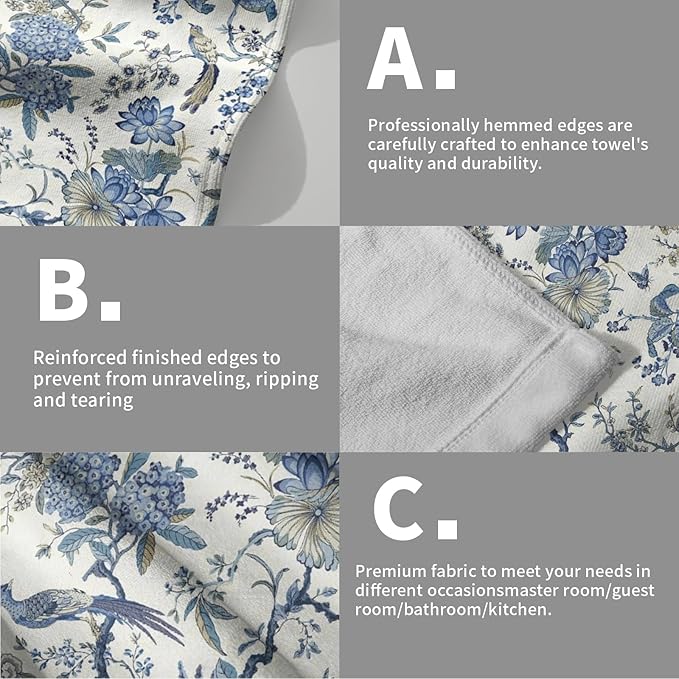 Giwawa Chinoiserie Hand Towels- Blue White Birds Floral Decorative Towel Set of 2- Classic Oriental Style Flowers Face Towel Soft Absorbent Dish Wash Cloth for Hotel Bathroom Gym Guest