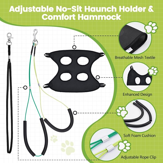 Dog Grooming Table Arm, 35-Inch Adjustable Clamp with Hammock | Adjustable Height, Secure Table Clamp, Hammock & No-Sit Holders, Small & Medium Pets, Grooming Table Not Included