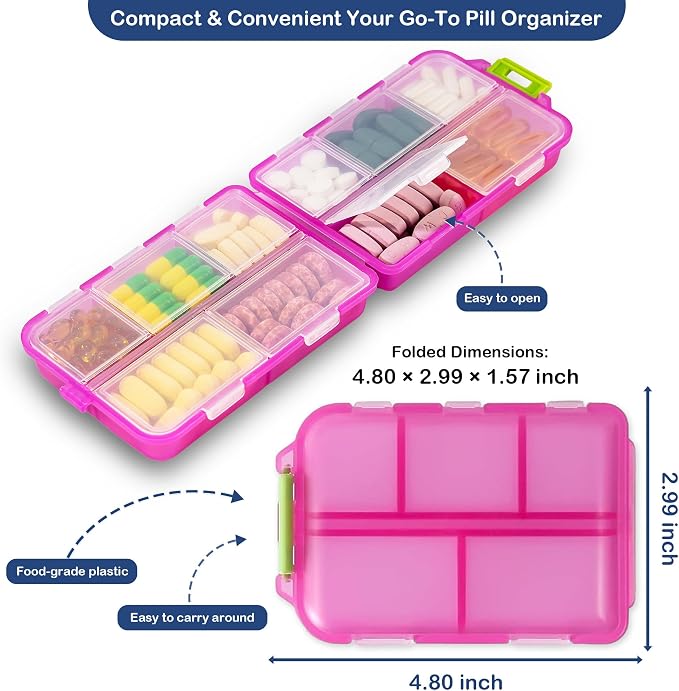 Extra Large Pill Organizer with 161 Medicine Labels, Travel Pill Case | Pink Extra large case with 10 compartments for 7-day pill planning, vitamins, supplements, and travel