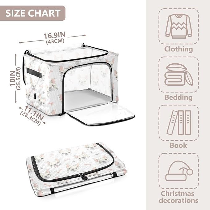 Bone Pets Dog White print Under Bed Storage Containers with Double Zipper Openings, Foldable Clothes Storage Bins with Clear Window and Handles for Blankets Comforters Bedding