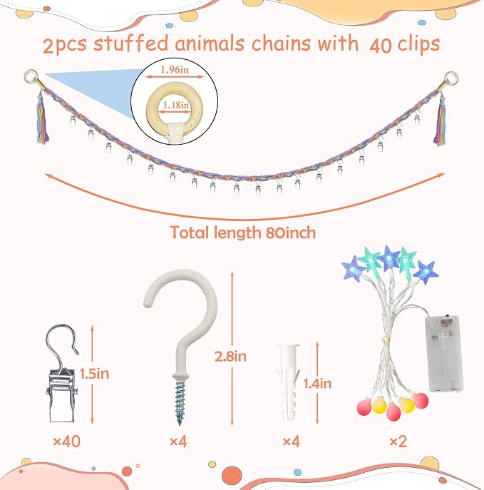 2PCS Stuffed Animals Storage Chain Organizers 80" Cotton Hanging Storage Chain with 2x 10 Led Light 40 Metal Clips Stuffed Animal Display Holder Chain for Nursery Play Room (Rainbow)