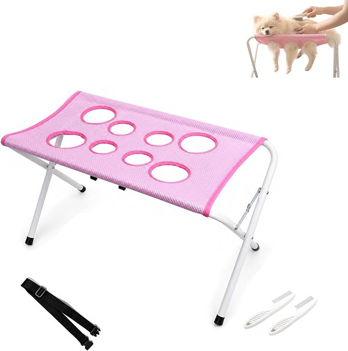 QUROXO Dog Grooming Hammock Bath Holder for Small Cats and Dogs，Pink | Foldable Pet Bath Stand Mesh Station Grooming Pet Bath Stand with Quick Surface for Trimming, Bathing, Brushing