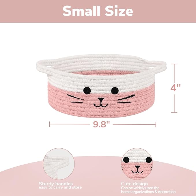 Small Woven Rope Cat Toy Basket with Cat Face Design, White Pink | 9.8" x 4" Cute Toy Storage Bin for Girls' Living Room & Nursery, Baby Gift Baskets Empty with Sturdy Handles