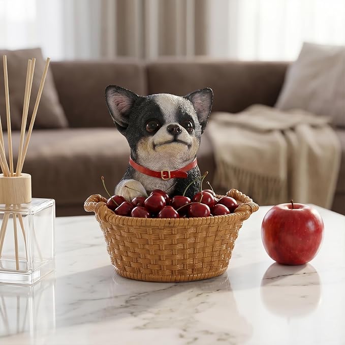 Cute Chihuahua Candy Bowl, Resin Dog Figurine Key Bowl for Entryway Table, Desktop Storage Basket Organizer for Desk, Unique Dog Lover Gift