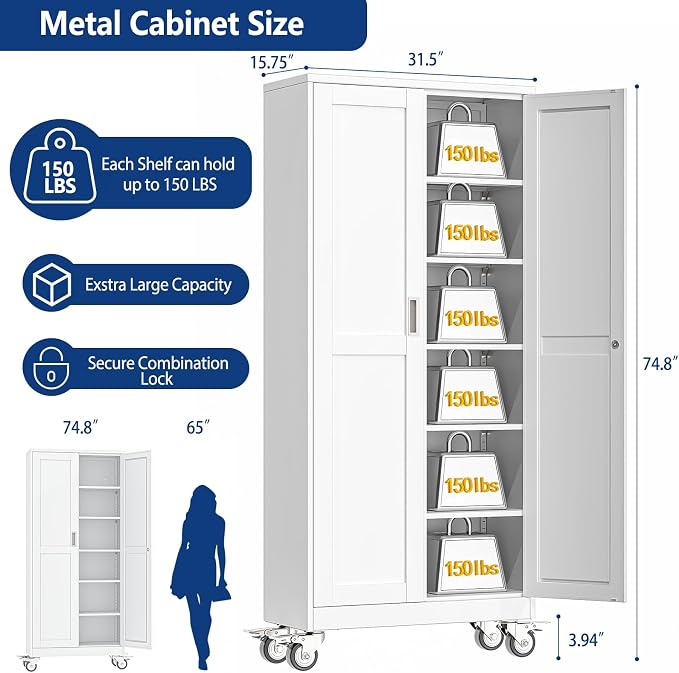 Ckzbx Metal Garage Storage Cabinet with Locking Doors and Adjustable Shelves,75" H Rolling Tool Storaget with Wheels for Garage,Office (White)