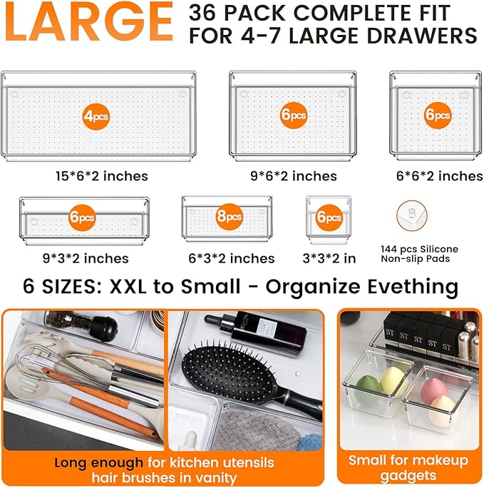 36 Pack Large Clear Plastic Drawer Organizer Bins - 6 Size Acrylic Kitchen Drawer Organization and Storage for Utensils Gadgets, Office Bathroom and Vanity Organizer for Makeup Accessoires