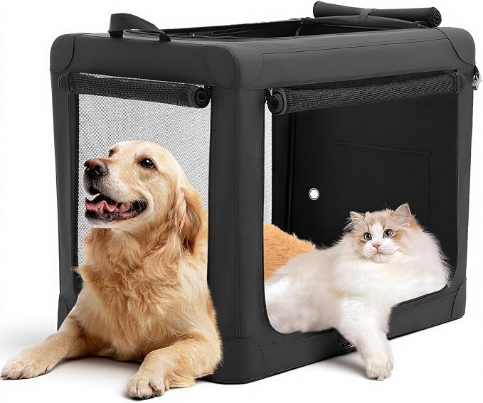 DUMOS Soft Dog Crate 30 Inch, Large Foldable Outdoor Cat Carrier | Foldable Portable Design, Indoor Outdoor Travel Kennel, Storage Bag, Washable Pad, Black