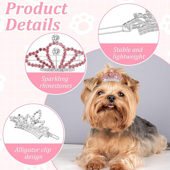 2Pcs Gem Rhinestone Dog/Cat Tiara Crown, Crystal Rhinestone Hair Accessories, Tiara Clips for Rolyal Family Costume Hair Accessories (Pink)
