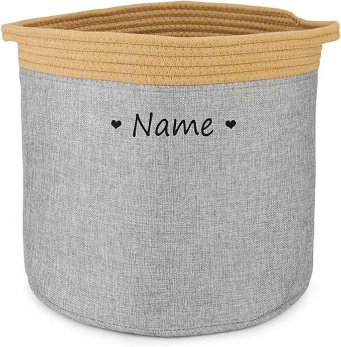 Personalized Dog Toy Storage Basket Bin Collapsible Customized Pet's Name Round Storage, Organizer for Dog Toys、Clothing、Apparel & Accessories with Box (Heart Yellow Gray)