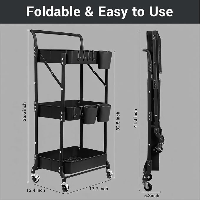 Amatic 3 Tier Foldable Rolling Cart with Wheels, Folding Utility Cart Organizer, Collapsible Rolling Storage Cart with 3 Hanging Cups & 6 Hooks for Kitchen, Office, Nursery(Black)