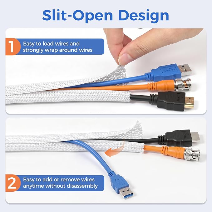 Delamu 30ft - 1/2 inch Cable Sleeve Cord Protector from Pets No Chew, Split-Braided PVC Wire Loom Tubing for Desk Computer USB TV Cord Organizer, Easy Set-up Cable Management Sleeve Kit, White