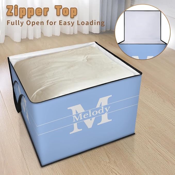 Custom Comforters Storage Basket with Lid, Personalized Name Large Organizer Bin for Pet/Children Toys, Books, Clothes, Perfect for Rooms/Playroom, Sky Blue with Initial Letter
