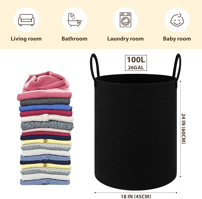 OIAHOMY 100L Nursery Hamper Laundry Basket Laundry Hamper Black | collapsible Blanket Basket Cotton Rope Woven Basket Dirty Clothes Hamper Baby Hamper Tall Clothes Hamper with Handles