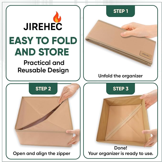 Dresser Drawer Organizer Clothes, 6 Pack Foldable Storage Boxes with Zipper, 600D Fabric, Cream, Drawer Dividers for Underwear, Socks, Baby Clothes