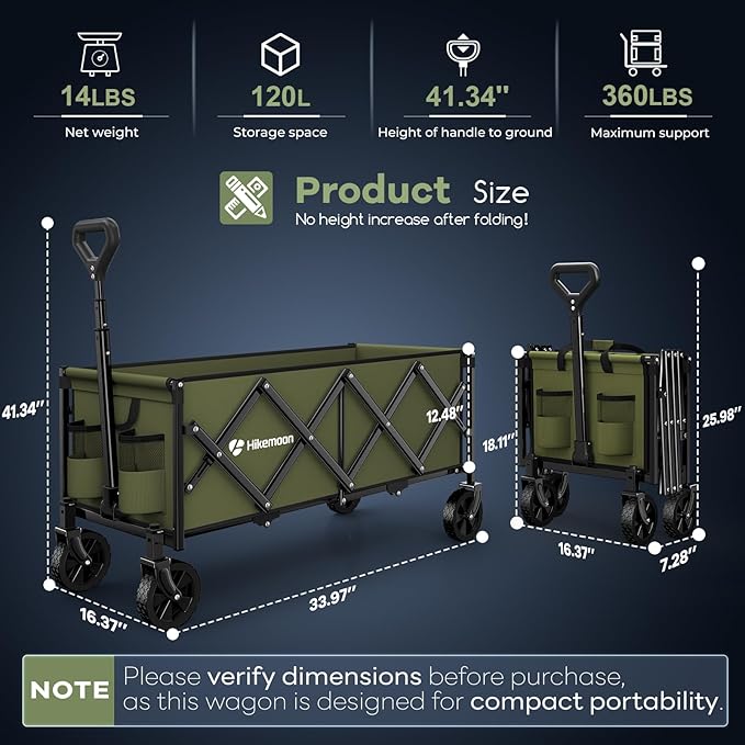 34'' Extra Long Folding Portable Wagon Cart, 120L 360LBS Green | Wagons Carts Foldable, Heavy Duty, Collapsible Compact Storage, Utility for Shopping/Grocery/Garden/Camping/Sports