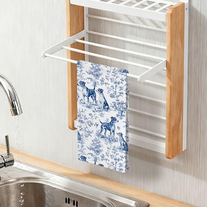 Jack Russell Kitchen Dish Towels,Blue and White Floral Dog Towel Dish Tea Towels, Chinoiserie Decor for Kitchen Bathroom,Jack Russell Terrier Gifts for Dog Lover Mom Dad,16x24 Inch