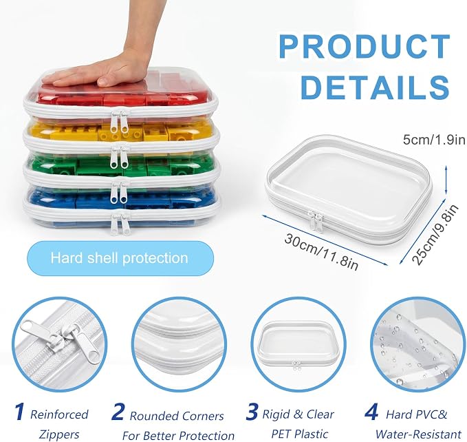 4 Pack Clear Hard Shell Zipper Case, Clear Zipper Pouches for Organizing, Travel Clothes Packing Cubes, A4 Document & Large Toy Storage Organizer Bins (4L)