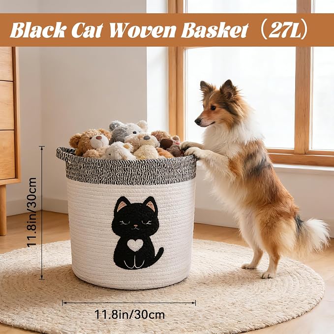 Black Cat Storage Basket - Woven Cotton Rope Basket with Soft Felt Patch, Foldable Organizer for Nursery, Pet Toys & Laundry, Gift & Home Decor (11.8 Inch, Washable)