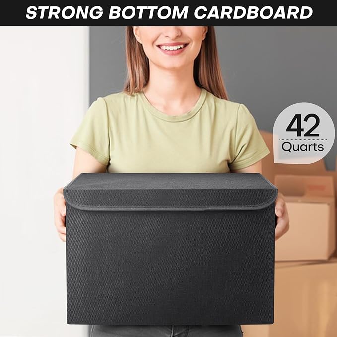 Large 42 Quarts Fabric Storage Bins with Lids [2-Pack] Linen Collapsible Foldable Storage Cubes, Closet Organizer Containers boxes with Handles for Home Office (16.7 x 12 x 12, Black)
