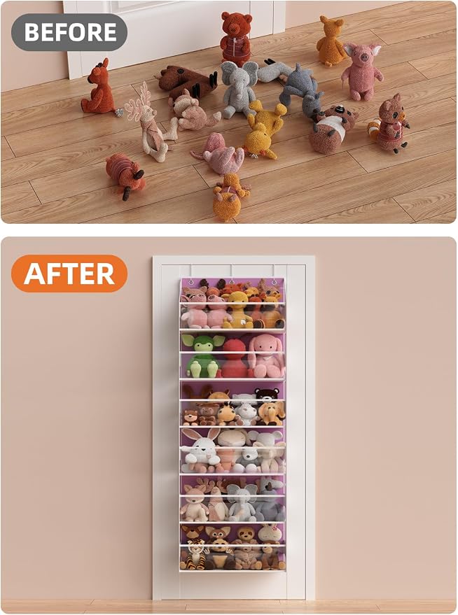 Over the Door Organizes- 6 Tier Stuffed Animal Storage, Bathroom Organizers and Storage, Swing-proof Hanging Organizer for Toys/Nursery Newborn Baby Essential Stuff (Clear-pink)