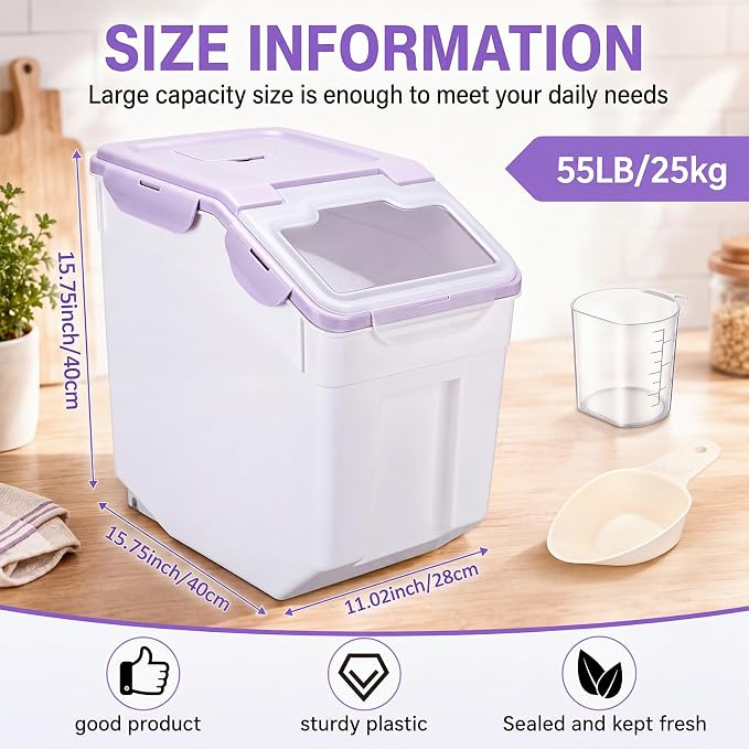 Sunnyray 4 Pcs 55 Lbs Flour Storage Container Bin,Rice Storage Containers with Wheels Seal Locking Lid, BPA Free with Measuring Cup Scoop for Rice Grain Pet Food Flour (Purple)