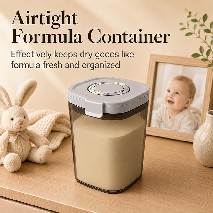 44 oz Airtight Formula Canister with Date Tracker & Scoop, 4.9 x 4.9 x 6.1 in Food Storage Jar for Beans, Grounds, Sugar & Flour, Airtight Container for Kitchen Organization