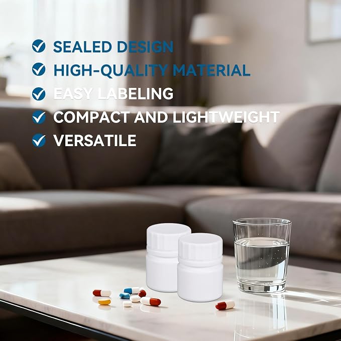 12 Pack Travel Pill Bottles - White Food Grade Plastic with Screw Caps & Labels, Small Pill Organizer for Pills, Vitamins, Capsules