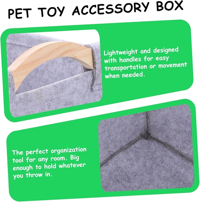 Wakauto Pet Organizer Bin with Handles Felt Storage Basket for Dog and Cat Accessories Portable Square Chest Container for Tidy Storage and Home Gray