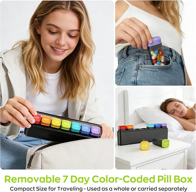 HIONXMGA Weekly Pill Organizer, Detachable 7-Color Pill Box, Easy Open | Portable Travel Pill Case Container for Daily Medication Easy Track, Privacy Protection, Built-in Quick Fill Design, Clear