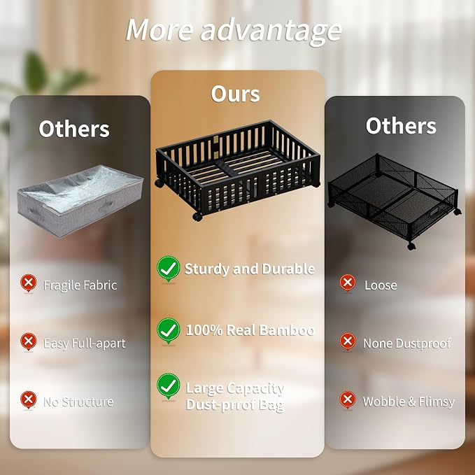 Under Bed Storage with Wheels, 2 Pcs Bamboo Drawers for Clothes and Toy | 360° wheels glide smoothly. Sturdy bamboo frames hold clothes, shoes, bedding and toys. Easy pullout access keeps rooms tidy
