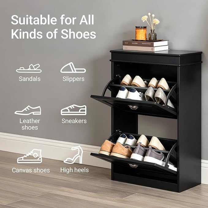 Haotian Small Shoe Cabinet | Two Flip Drawers Freestanding Shoe Rack, Shoe Storage Cupboard Organizer, FSR78-SCH