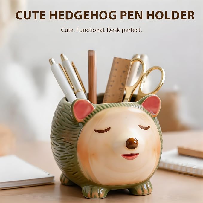 Ceramic Hedgehog Shaped Pen Pencil Holder for Desk Decoration Accessories Hedgehog Decor Makeup Brush Pen Cups Succulent Plant Pot Office School Ideal Gifts for Women, Mom or Birthdays