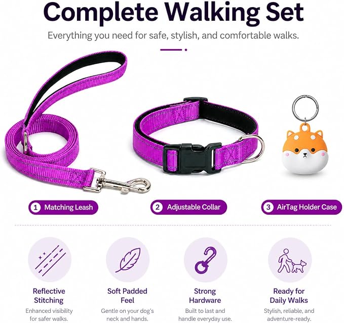Reflective Soft Neoprene Padded Matching Dog Collar with Leash Airtag Holder Case Set Safety Breathable Adjustable Nylon Dog Collars for X-Small Small Medium Large Dogs-Purple-S