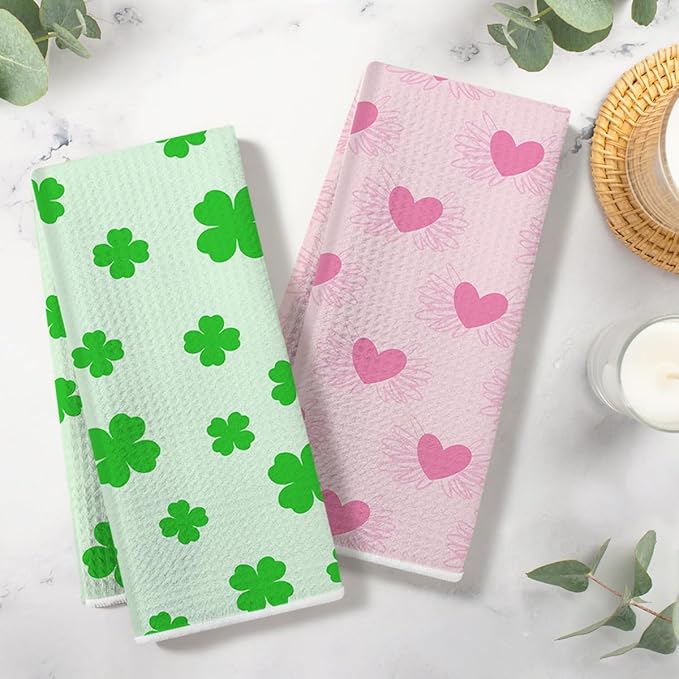 Four-Leaf Clover and Heart Waffle Kitchen Towels, Quick Dry Multipurpose Hand Towels for Bathroom, Absorbent Reusable Cloth Tea Dish Towels for Home Decor, Gift Towel Set of 2 for Woman Man Friends