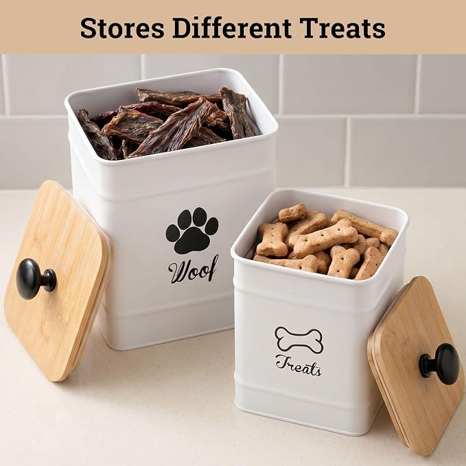 Dog Treat Container Set of 2 with Airtight Bamboo Lids - 8x6 & 7x5 inch | Fits All Popular Treats, Up to 20 Cups Combined Capacity, Airtight Bamboo Lid, Easy Open Lid, Dent-Resistant Durable Metal