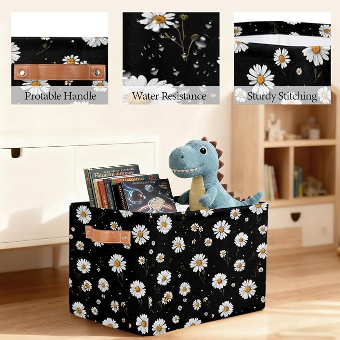 Pardick Storage Baskets Bin, Daisy Flower Black Collapsible Canvas Fabric Storage Bin Decorative Baskets Toy Organizer Rectangle Storage Boxes with handles for Home Shelves Nursery,Q-11