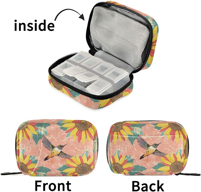 Fustylead Retro Hummingbird and Sunflower Pill Organizer for Purse, Weekly Portable Pill Box with Zipper to Storage Vitamins Fish Oils Medications Supplements