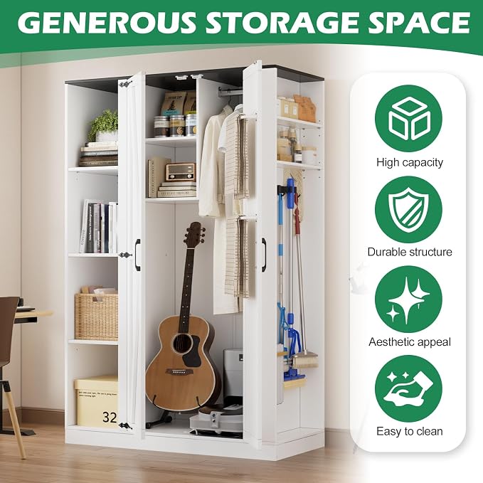 PAKASEPT Broom Closet Storage Cabinet, 63" H Wooden Vacuum Storage Cabinet, Closet with Door, Cleaning Tool Organizer with Shelf and Broom Holder, 63" H×35.4" W×15.7" D, White