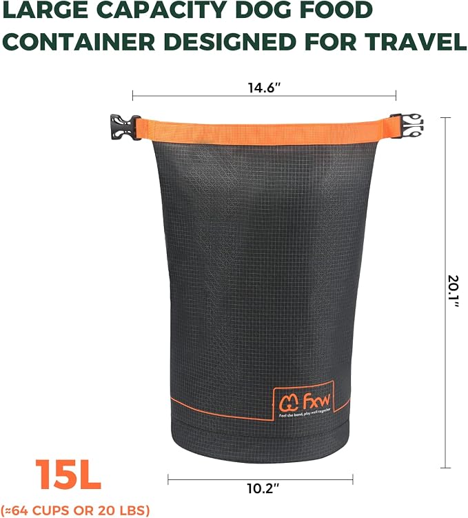 FXW Dog Food Travel Bag, Large Capacity for Travel Kibble Storage, 64 Cups | for RV Road Trips, Camping, Longterm Dog Boarding, Freshness Support, Odor Control, Easy Pouring