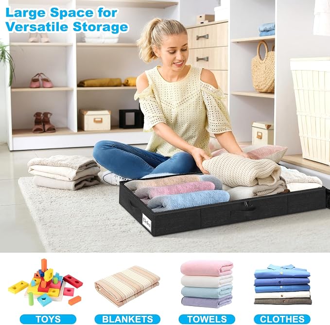 Under Bed Storage Container Bins 2 Pack, 4.5 Inch Slim Low Profile Underbed Clothes Storage Organizer for Dorm & Home, Use for Blanket and Toy Storage Box W/ Sturdy Bottom/Sides, Foldable Thick Fabric
