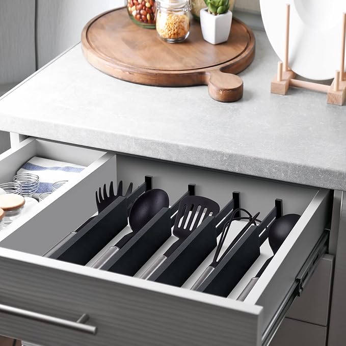 4 Pack Bamboo Drawer Dividers 2.6" High, Adjustable from 12 Inch to 17 Inch | Expandable Kitchen Drawer Organizer Separators for Clothes, Kitchen, Bedroom, Dresser, Office (Black)