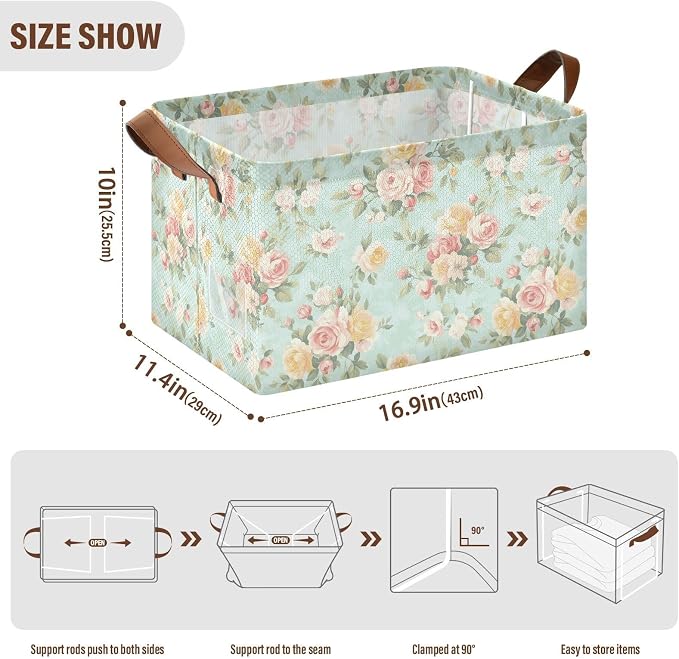 French Country Style Roses and FlowersStorage Bins for Shelves with Labels&Handles Fabric Organizer Bin Foldable Rectangle Storage Basket Boxes for Closet, Bathroom, Home, Living Room