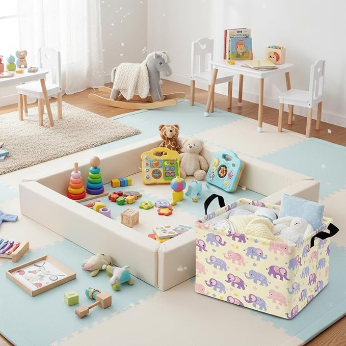 Kid Cute Rectangle Storage Basket Baby Toy Clothes Storage Bin Nursery Playroom Bedroom Decor Basket (Pink&Purple Elephant)