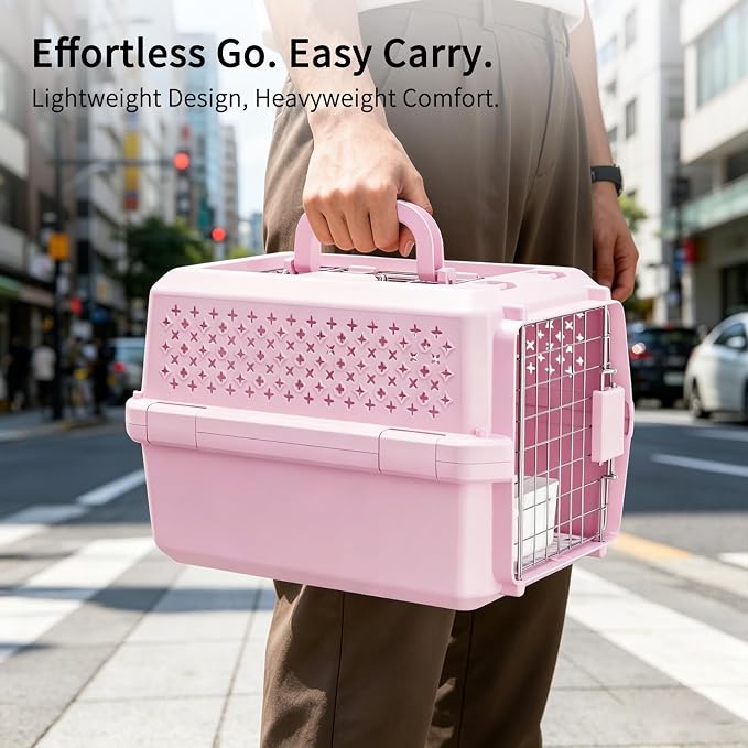 Airline Pet Carrier: Hard-Sided Small Cat & Dog Crate with Bowl | Airline-Approved Size / Durable Metal Locking Door / 360° Ventilation Panels / Top Handle for Easy Carry / Lightweight Shell