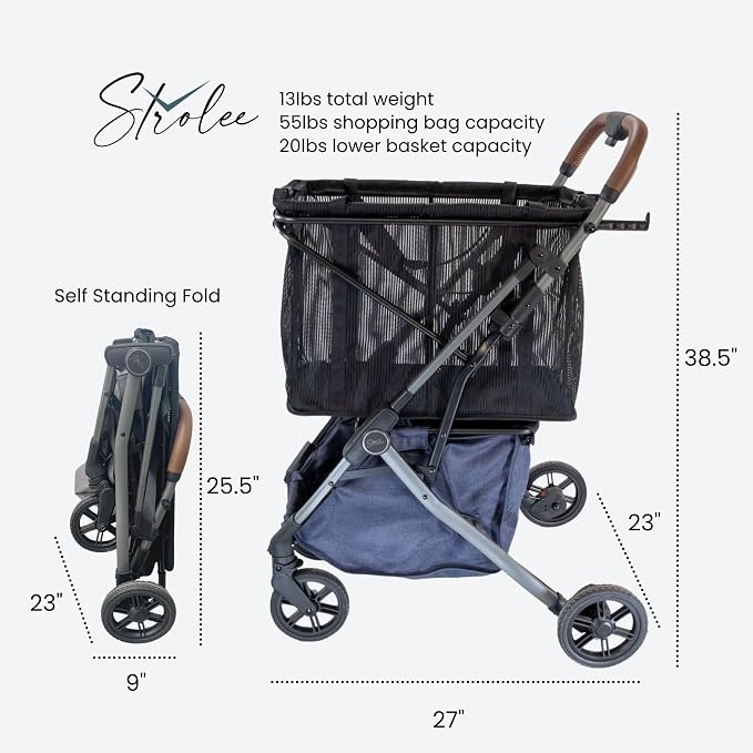 Stability Shopping Cart On Premium Wheels – Lightweight Aluminum Frame – Removable Shopping Bag with Carry Strap & Lower Grocery Storage 75Lbs Storage Capacity (Shadow)