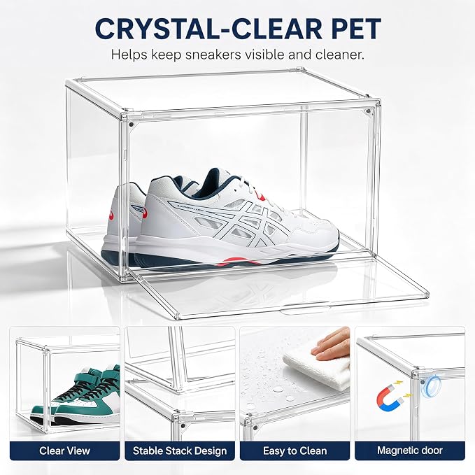 9 Pack Clear Acrylic Shoe Sneaker Boxes Fits Size 13, Wide Magnetic Door | Stackable shoe showcase for sneakers, high tops, large shoes, shoe collection display storage. Exterior 14.1 x 10.6 x 8.9 in