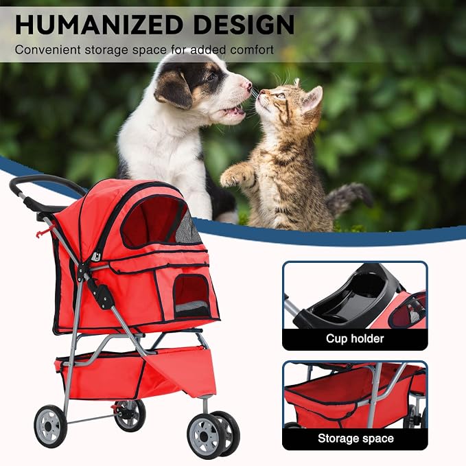 Redcat 3-Wheel Folding Dog & Cat Stroller - Waterproof, Cup Holder & Removable Liner, Medium & Small Pets