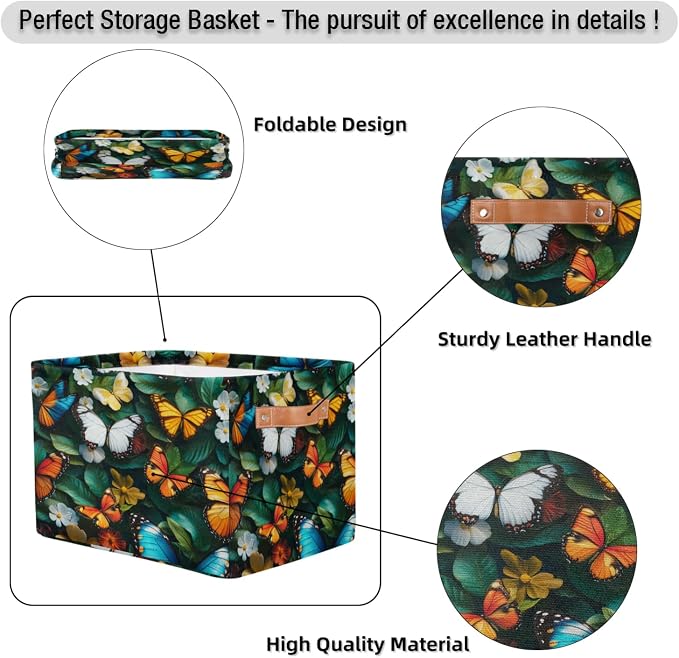 Butterfly Storage Baskets with Handles Fabric Storage Boxes Collapsible Nursery Basket for Shelf Book Cloth 15 X 11 X 9.5 IN Closet Organizer Bins