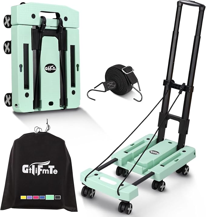 GtIiFmTe Foldable Hand Truck, Lightweight Luggage Cart for Airport Car Seat | Compact Folding dolly with Rotating swivel wheel,storage size12×15.7×4.1",300lbs Load,Upright Lock Handle with 3bungee cords